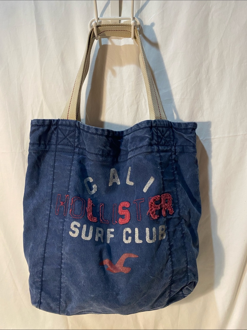 Hollister Navy and Cream Canvas Messenger Tote
